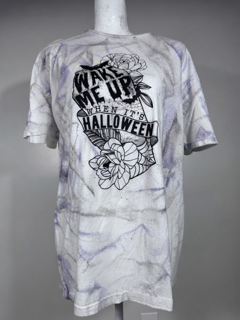 Gildan White Tee with Purple Tie-Dye 'Wake Me Up When It's Halloween' Graphic